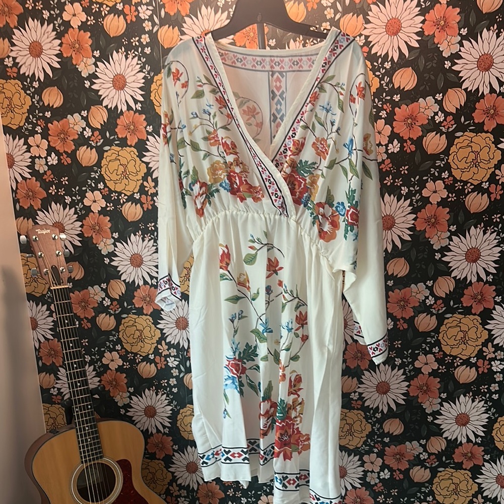 SHEIN Green Plunge Neck Bishop Sleeve Sundress